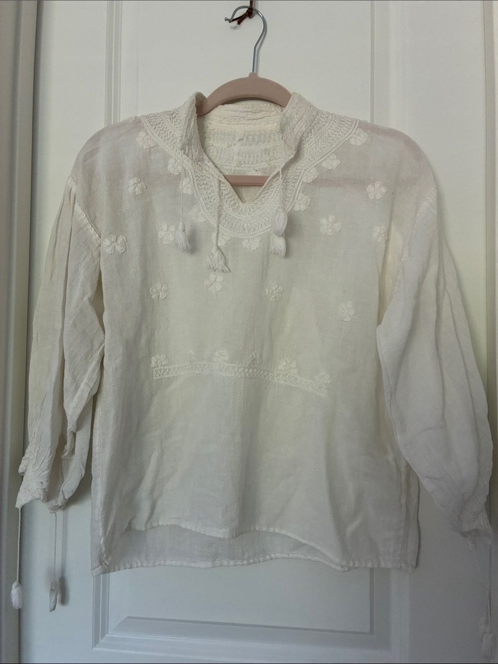 Vintage White Boho Peasant Top with Tassel Ties